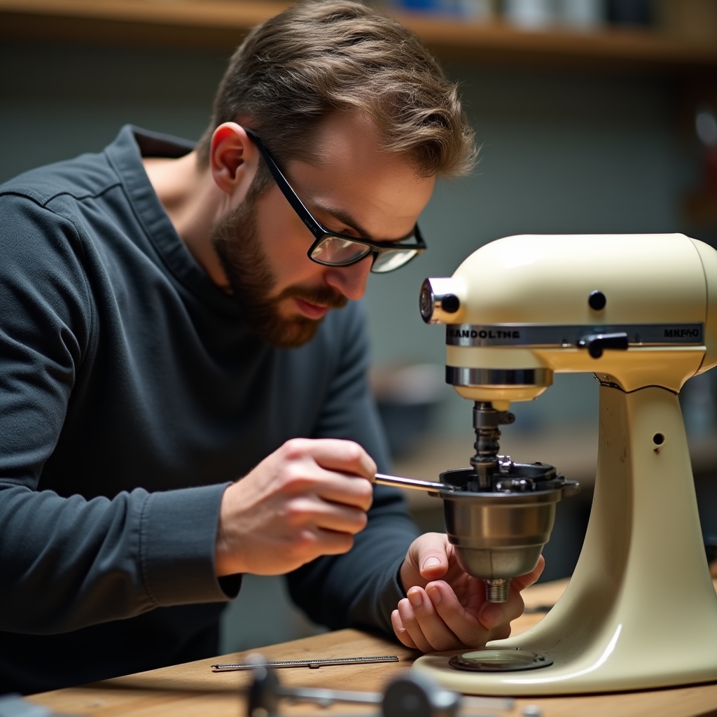 Tehnician reparând un mixer electric pe bancul de lucru